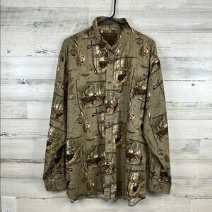 Magellan Deer Print Tan Brown Long Sleeve Button Up Shirt Mens Size XL